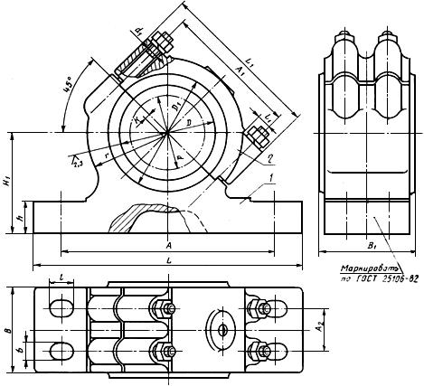 ГОСТ 11610-82 Корпуса подшипников скольжения разъемные наклонные с четырьмя крепежными отверстиями. Конструкция и размеры